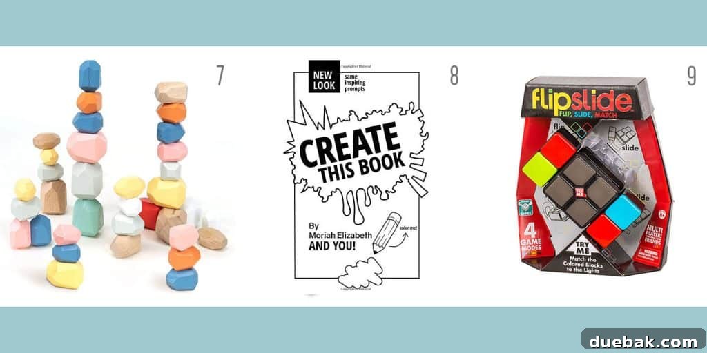 A selection of gift ideas for kids and tweens: Montessori-style wood stacking blocks, the creative 'Create This Book', and the engaging FlipSlide matching game.
