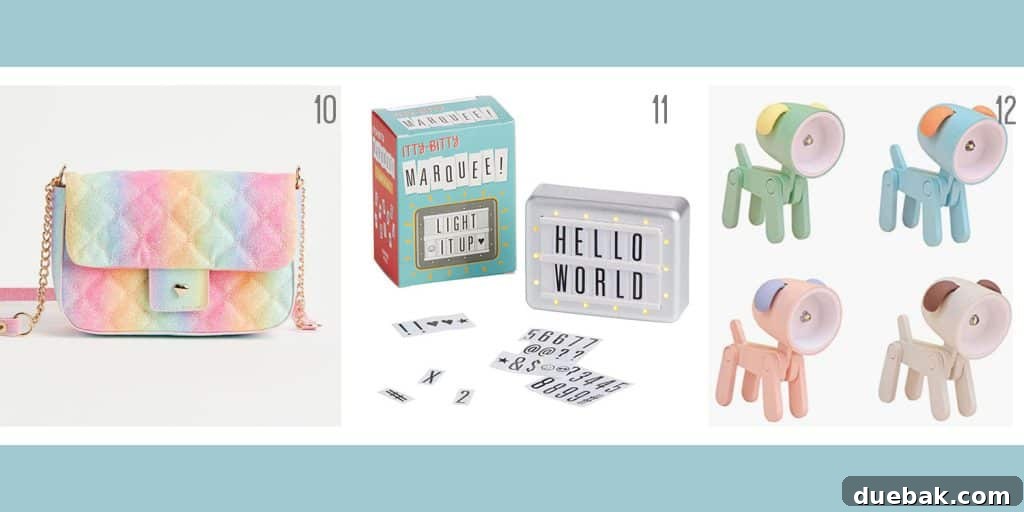 Two appealing gift ideas for kids and tweens: a stylish Ombra quilted purse and an interactive Itty Bitty Marquee sign.