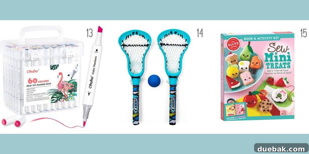 Holiday gift recommendations for kids and tweens: double-tipped markers, a waterproof lacrosse set, and a DIY plushie sewing kit.