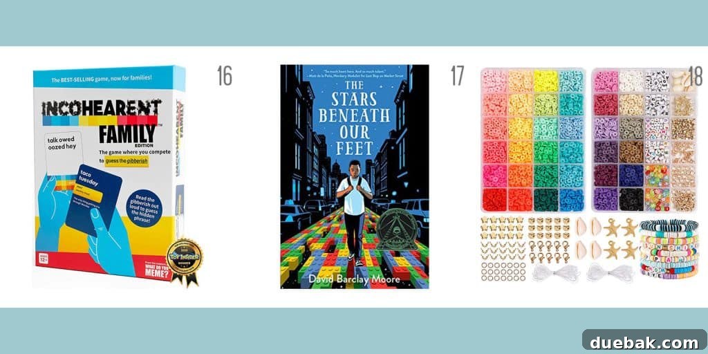 Three fun gift ideas for kids and tweens: the Incohearent family game, the inspiring novel 'The Stars Beneath Our Feet', and a creative friendship bracelet making kit.