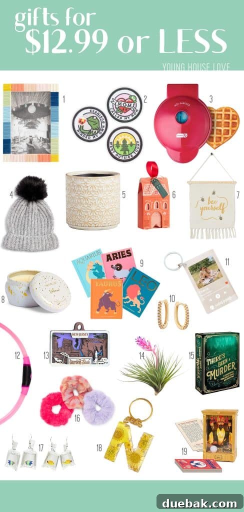 A collage of budget-friendly holiday gift ideas, all under $12.99, featuring a rainbow wood frame, adulting merit badges, and a mini waffle maker.