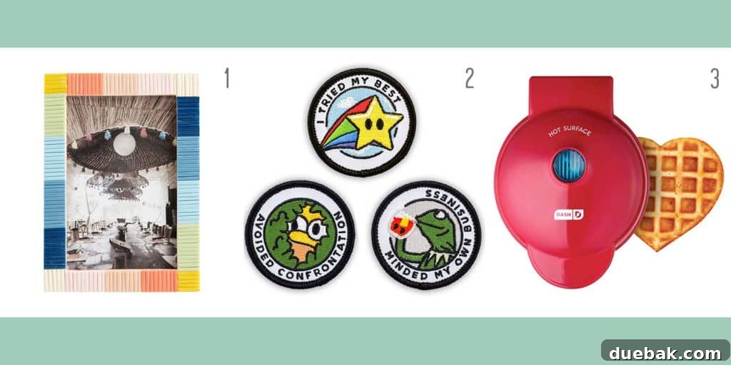 Three affordable holiday gift ideas: a colorful rainbow wood frame, humorous 'Adulting Merit Badges', and a versatile mini waffle maker.