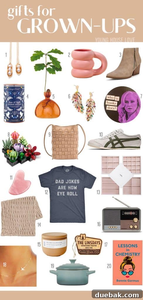 A collection of holiday gift ideas for adults, featuring items like a 'Peas In A Pod' necklace, a cloud mug, chunky heel boots, and other stylish presents.