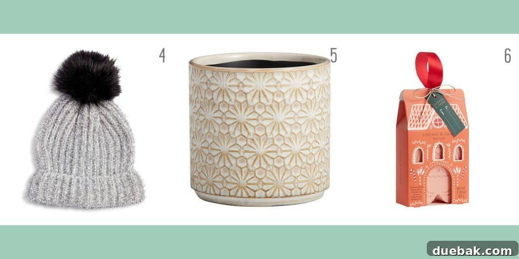 Affordable holiday gifts under $12.99: a stylish faux fur pom beanie, a stamped indoor planter, and a festive gingerbread man bath fizz.