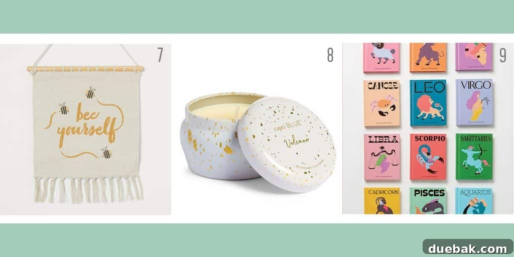 Budget-friendly holiday gift ideas: a cheerful bee wall hanging, a beloved Volcano candle, and personalized Seeing Stars astrology books.