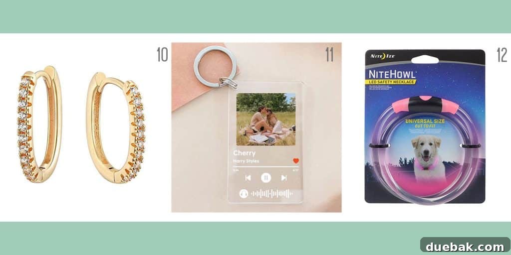 Three budget-friendly holiday gift ideas: versatile gold hoop earrings, a personalized Spotify custom song keychain, and a practical LED dog collar.