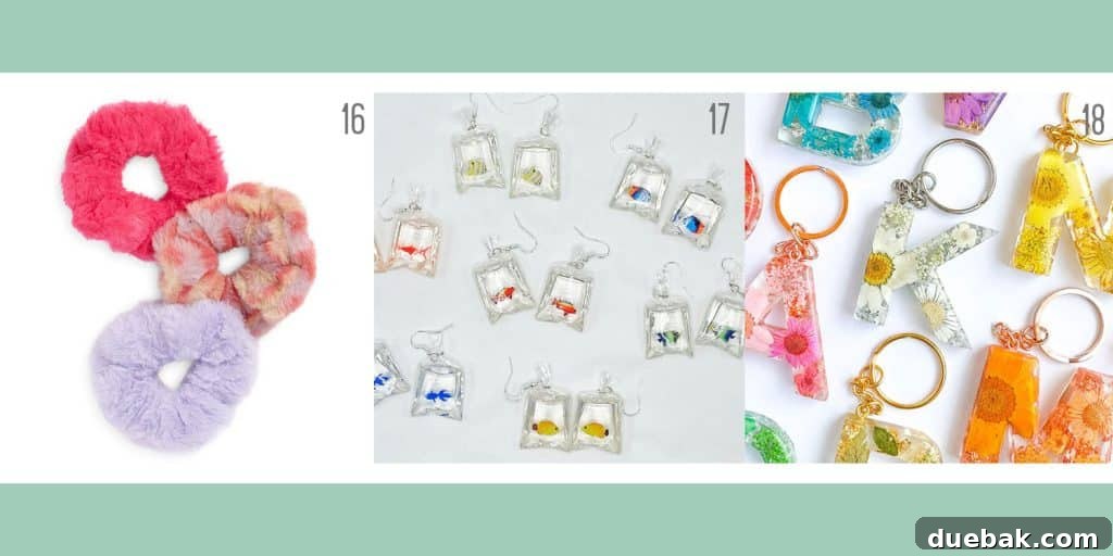 Affordable holiday gifts for friends and family: a plush faux fur scrunchie trio, whimsical 'Bag of Fish' earrings, and a personalized floral letter keychain.