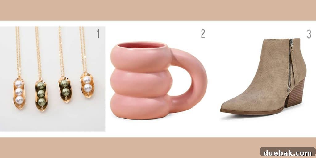Three holiday gift ideas for grown-ups: a 'Peas In A Pod' necklace, a stylish cloud mug, and comfortable chunky heel boots.