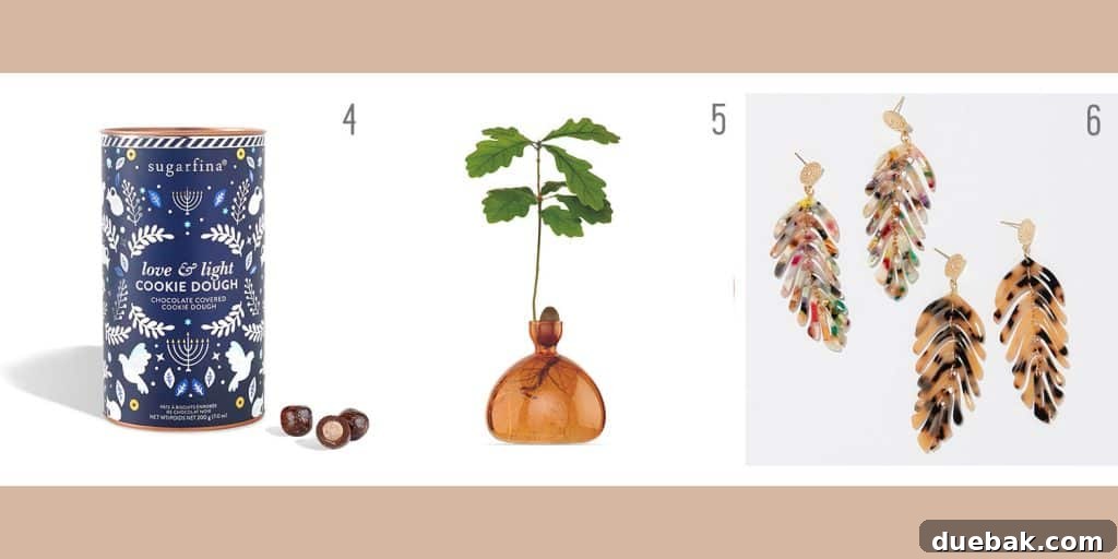 Holiday gift ideas for adults: delicious kosher cookie dough, a unique acorn vase, and stylish monstera leaf earrings.