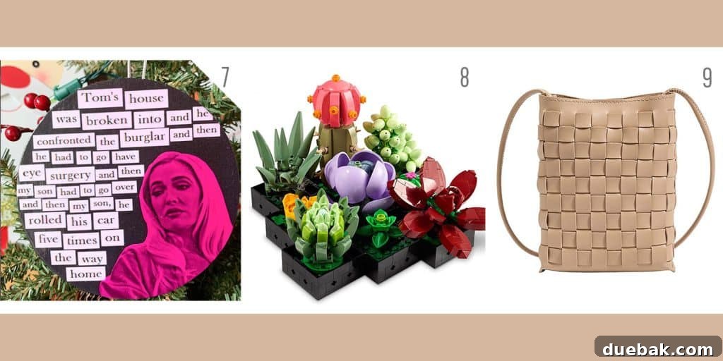 A collage of holiday gifts for grown-ups: Real Housewives ornaments, a LEGO botanical succulent set, and a chic woven crossbody bag.