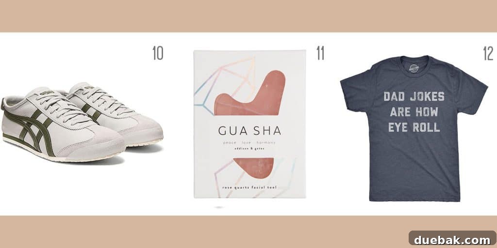 Three gift ideas for grown-ups: John's favorite sneakers, a rejuvenating facial massage tool, and a humorous 'Dad Joke' shirt.