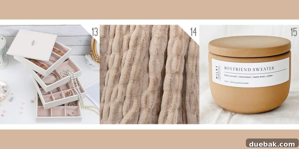 Holiday gift selection for adults: a stacked jewelry organizer, an ultra-cozy faux fur blanket, and a scented 'Boyfriend Sweater' candle.