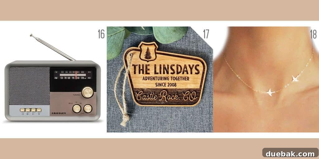 A curated selection of holiday gifts for grown-ups: a retro Bluetooth radio, a custom adventure ornament, and a delicate bird necklace.