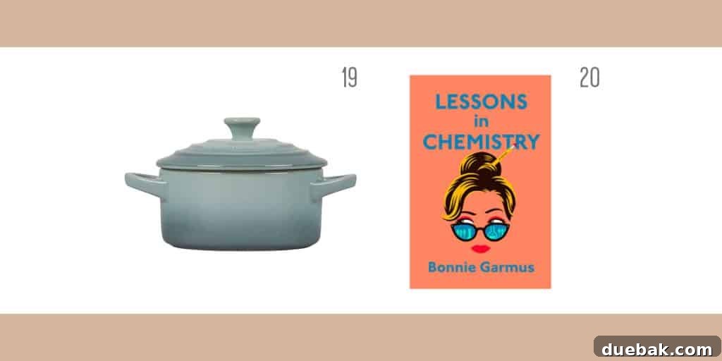 Two holiday gift ideas for adults: a mini round Dutch oven and the critically acclaimed book 'Lessons In Chemistry'.