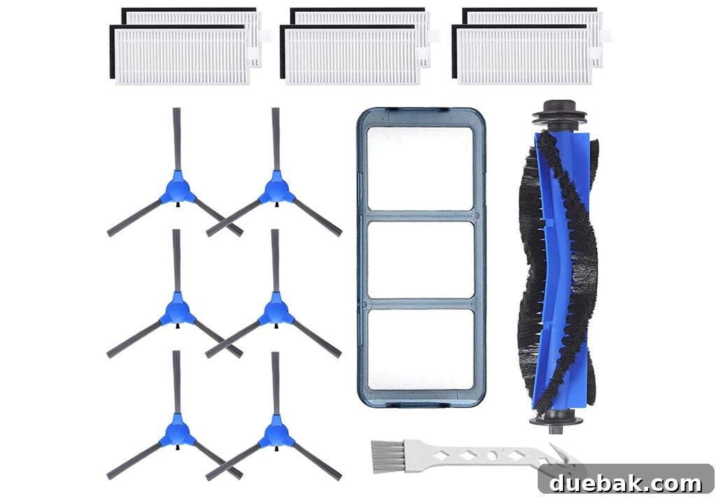 Collection of Eufy robotic vacuum accessories and filters, including replacement brushes
