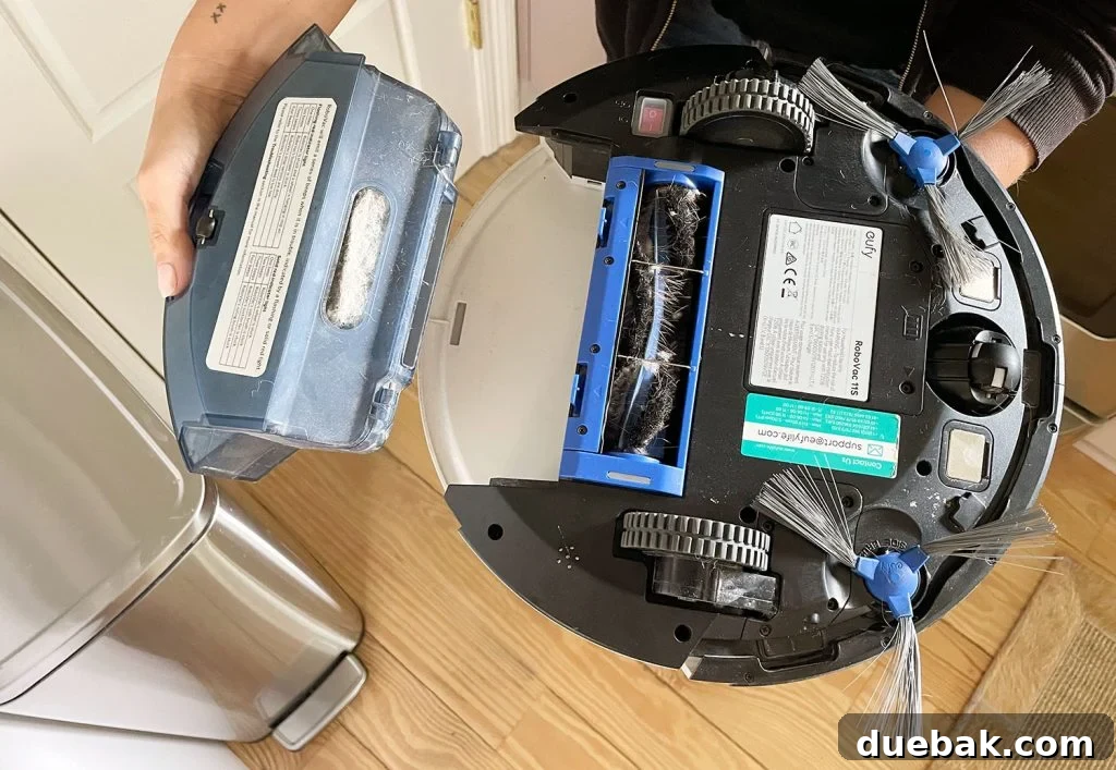 Eufy RoboVac 11S Max dust collection container easily removed for emptying