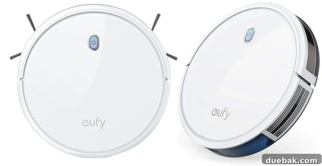 Close-up product photo of the sleek, white Eufy RoboVac 11S Max
