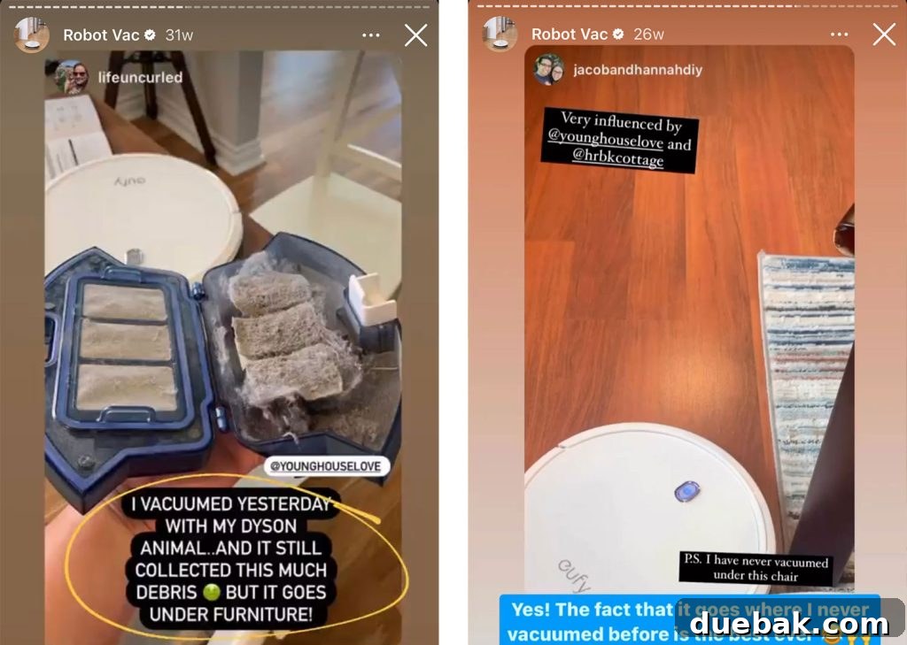 Screenshots from an Instagram Highlight Reel showcasing positive user reviews of the Eufy Robot Vac