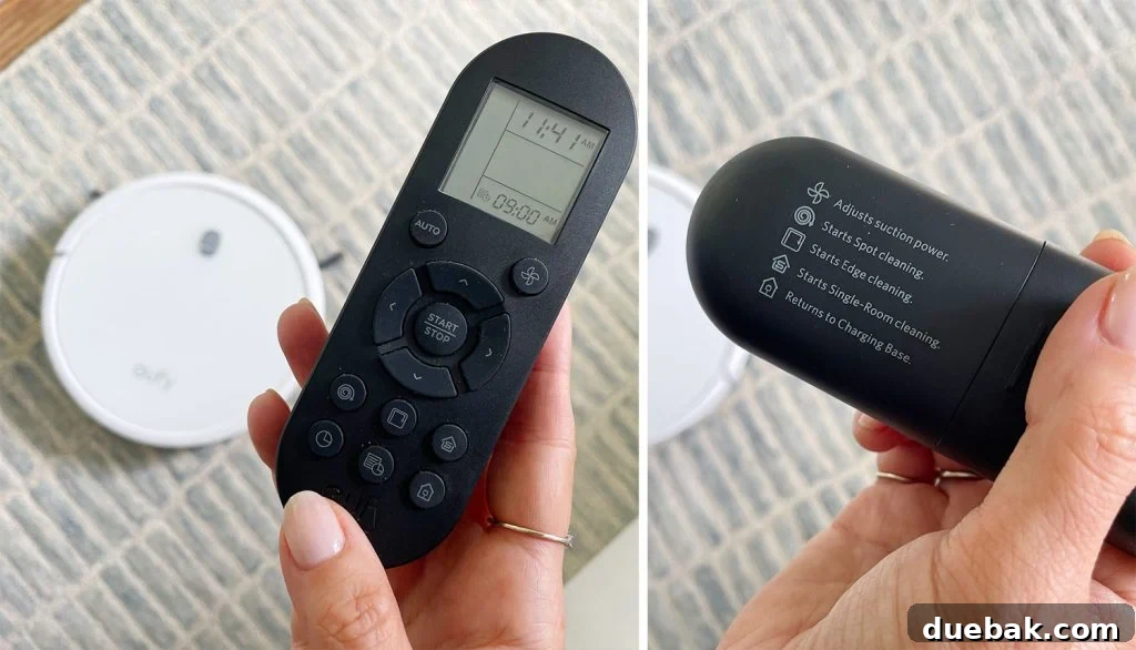 Front and back view of the compact Eufy RoboVac 11S remote control