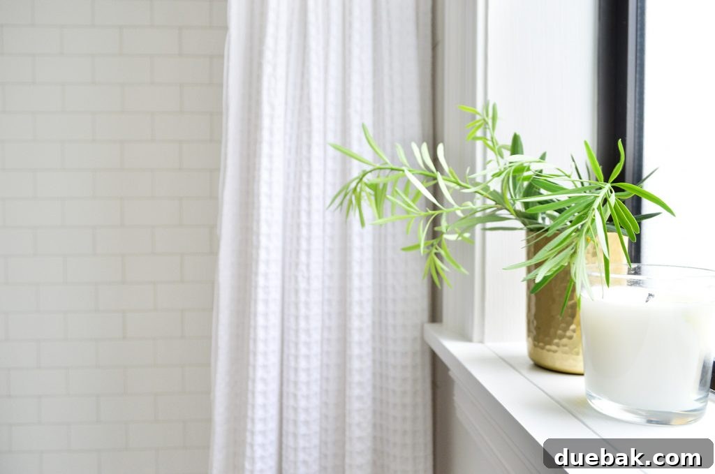 Bathroom sink with gold plant on window shelf by shower with subway tile
