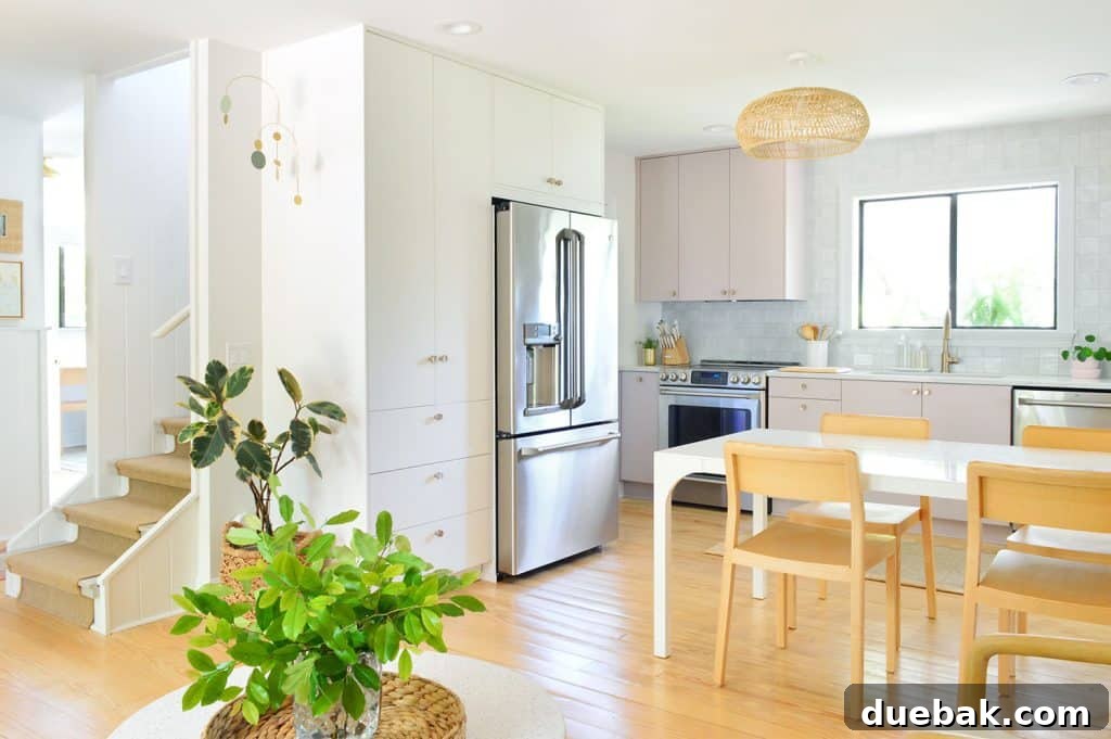 Ikea Kitchen With Painted And White Cabinets With Wood Accents And Jute Stair Runner