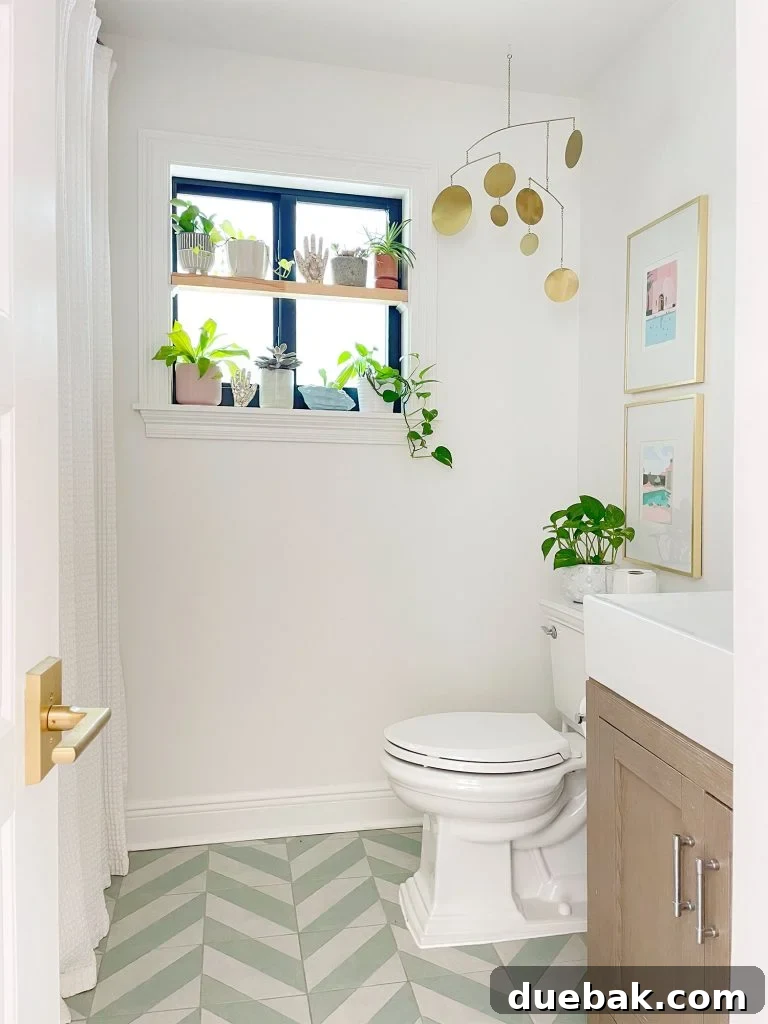 Modern White Bathroom With Mint Chevron Floor And DIY window plant shelf