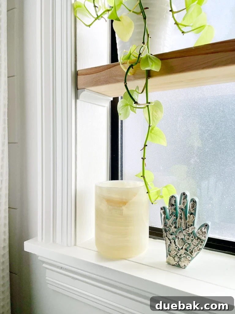 Right Side Of Bathroom Shelf In Window Made With Butcher Block