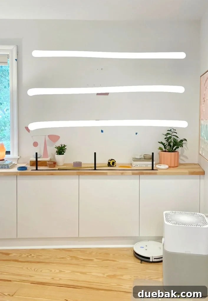 Mock Up Of Ikea Lack Shelves Floating over Besta Counter