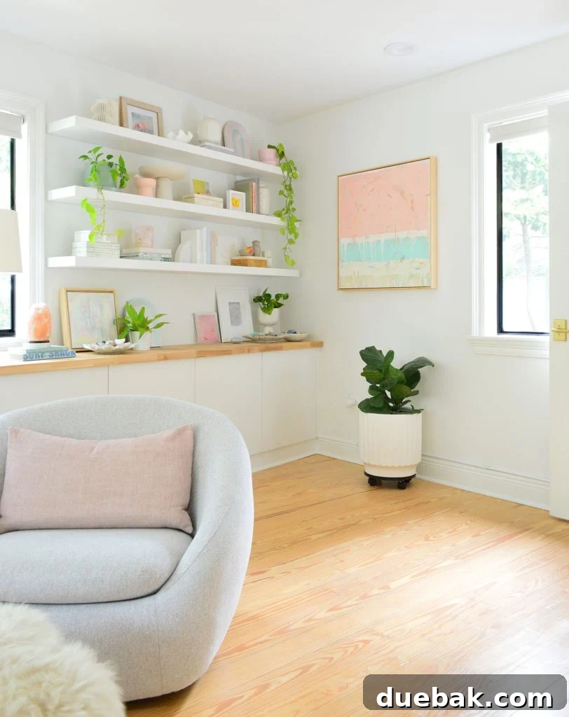 Corner View Of Bedroom With Ikea Display Shelves Floating Above Butcher Block Counter
