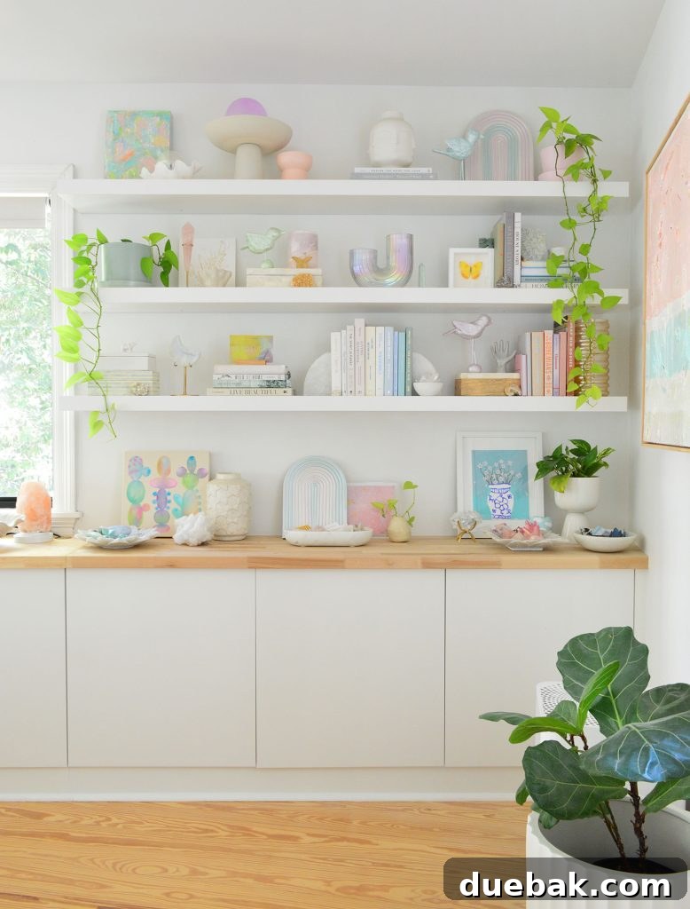 White Ikea Lack Shelves Styled With Beachy Books And Butcher Block Counters