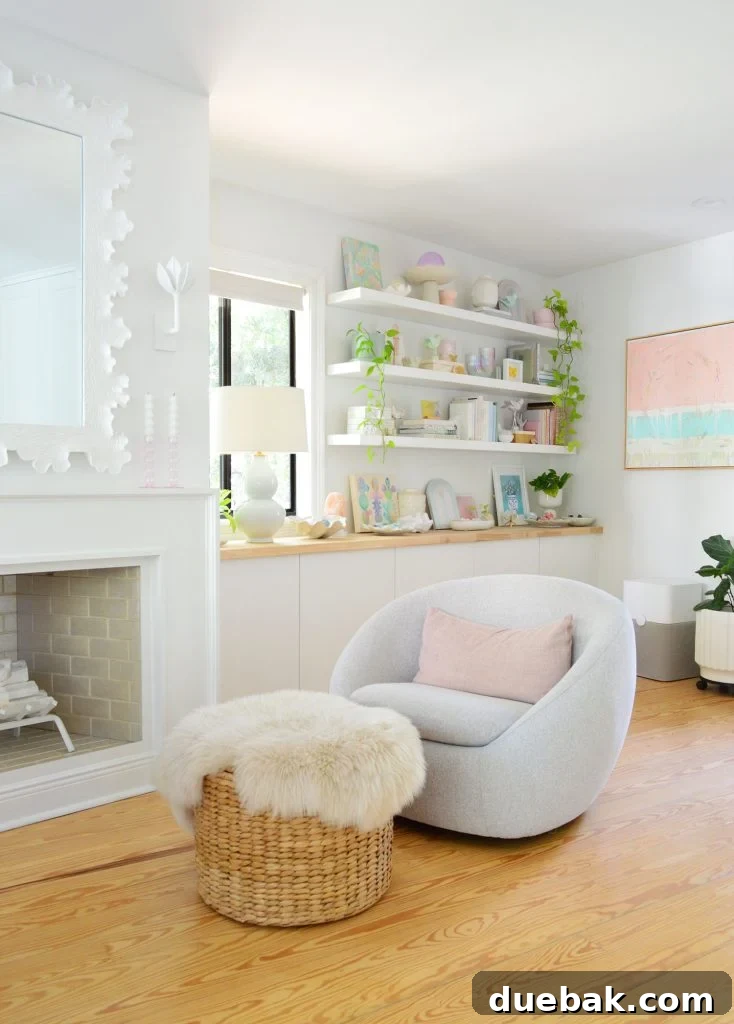 West Elm Swivel Chair In Beachy Bedroom With Ikea Lack Shelves In Background