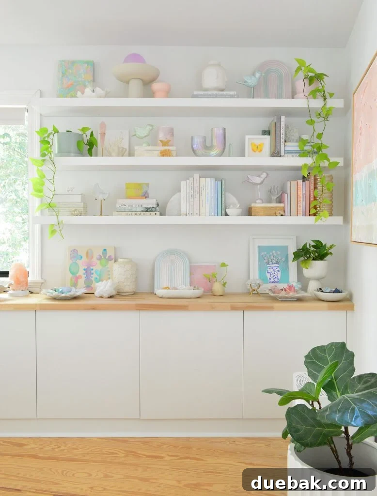 White Ikea Lack Shelves Styled With Beachy Books And Butcher Block Counters
