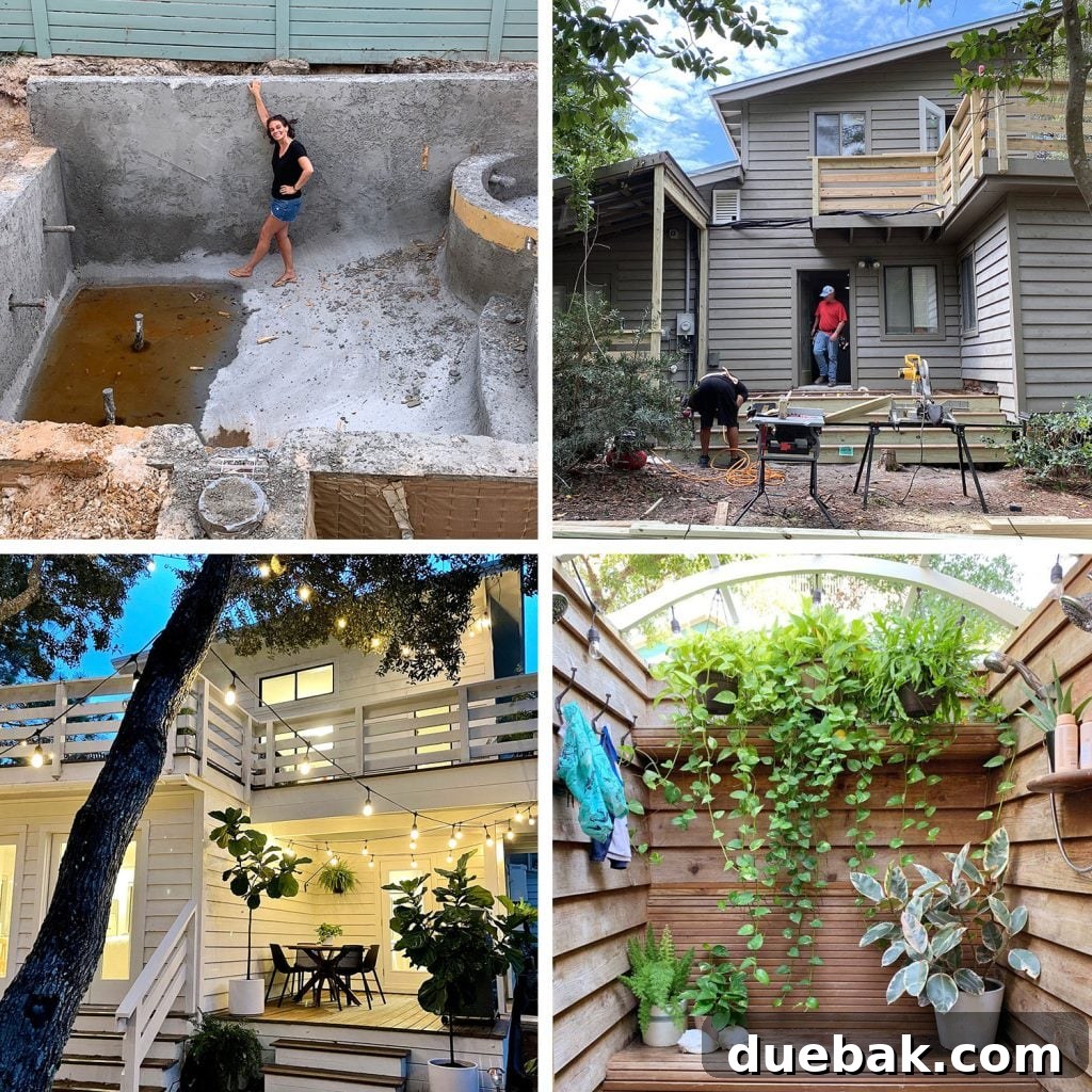 Grid of Four Images Pool Under Construction Exterior Of House Getting Painted FInished Porch With Lights and Outdoor Shower With Plants