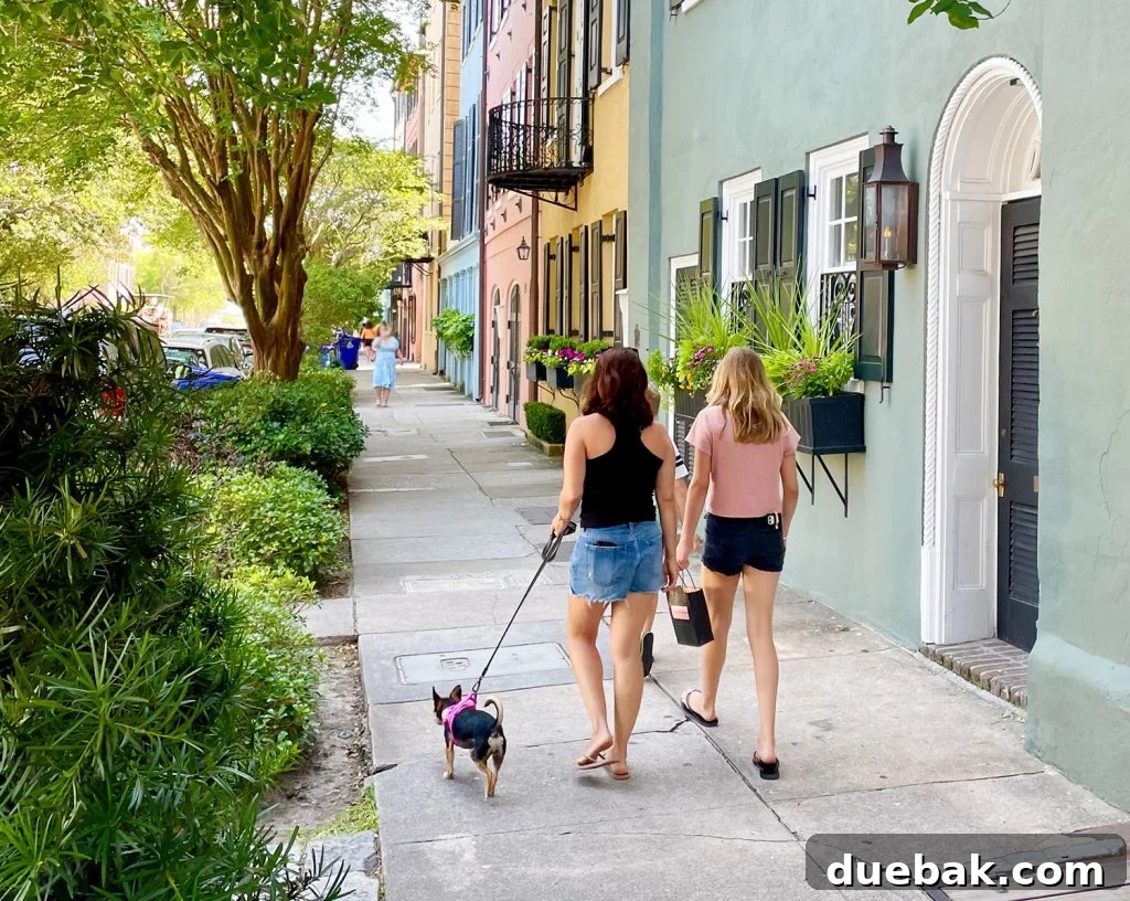 Family With Dog And Children Walking On Rainbow Row In Charleston South Carolina