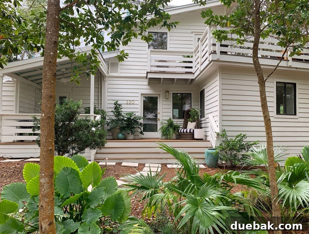 House With White Siding And Tropical Plantings