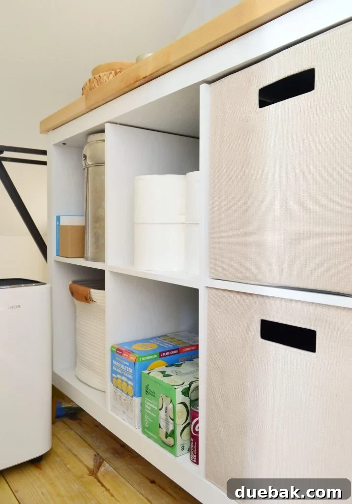 Cubby Storage Shelf In Utility Closet With Butcher Block Counter