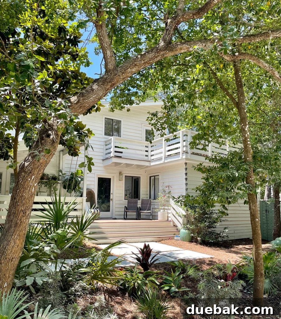 Front Of White Modern House With Lots of Greenery Angle