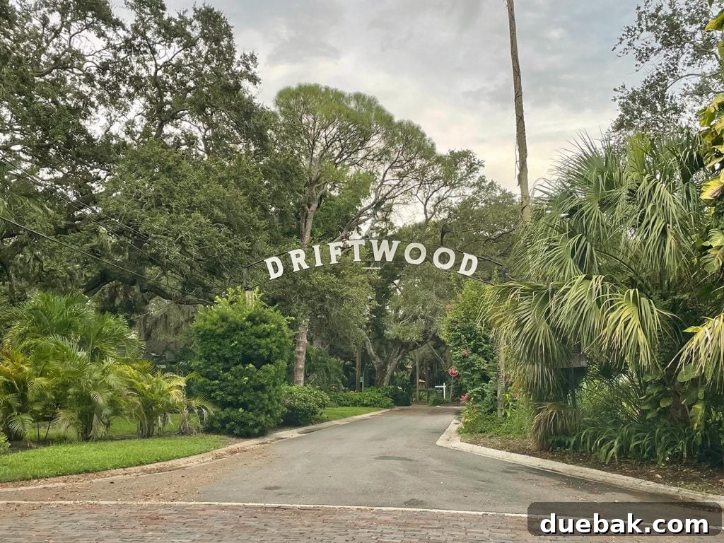 The rustic and intriguing sign marking the entrance to the lush Driftwood Neighborhood in Saint Petersburg, Florida.