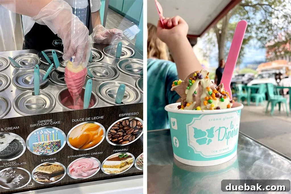 A colorful array of ice cream and dessert options inside La Diperie in Saint Petersburg, Florida.