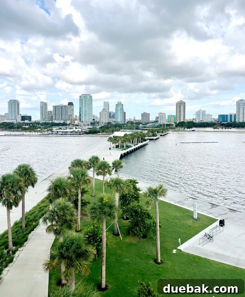 Panoramic view of the majestic St. Pete Pier stretching into Tampa Bay, with the city skyline in the background.