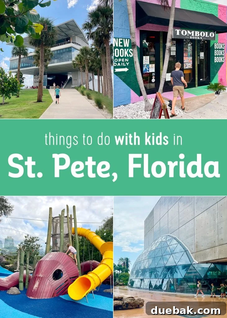 A vibrant collage showcasing diverse kid-friendly attractions and activities in St. Petersburg, Florida.