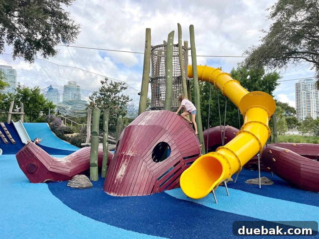 A modern and imaginative playground structure on St. Pete Pier, providing entertainment for children.