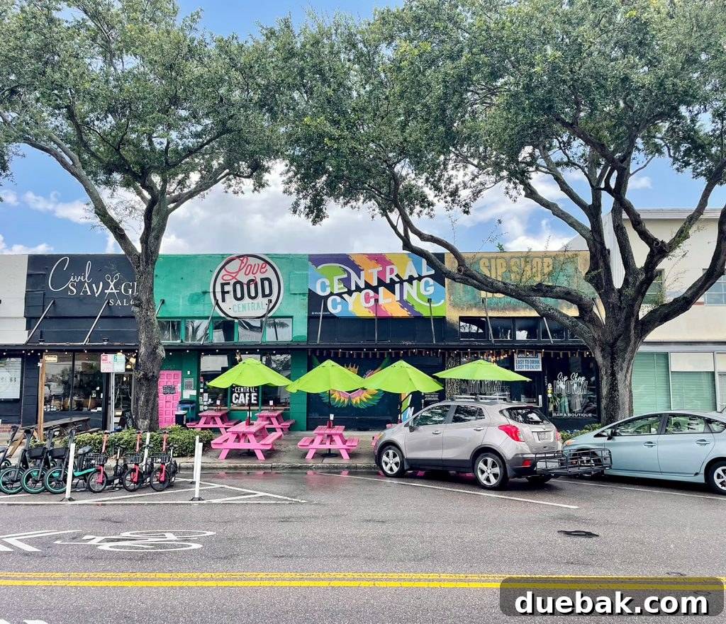 Colorful and inviting street front buildings along Central Avenue in Saint Petersburg, Florida.