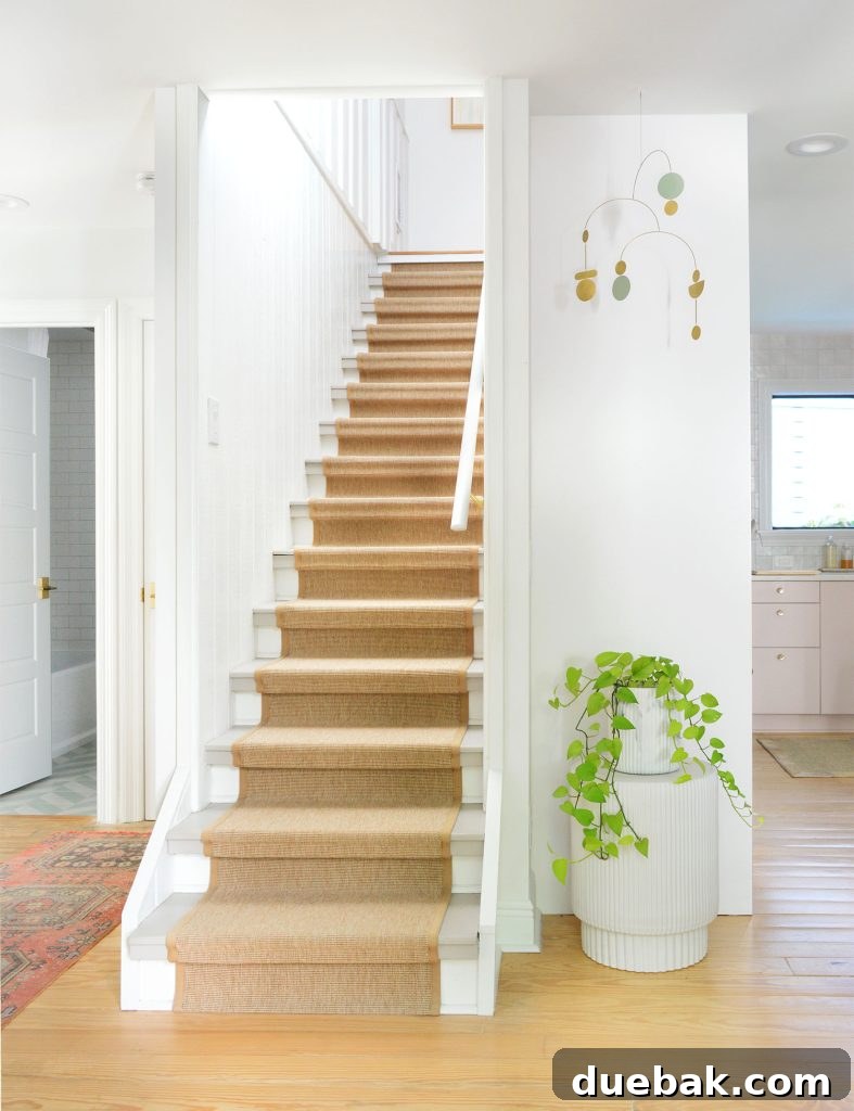 Stairway With Jute Stair Runner In Small Home
