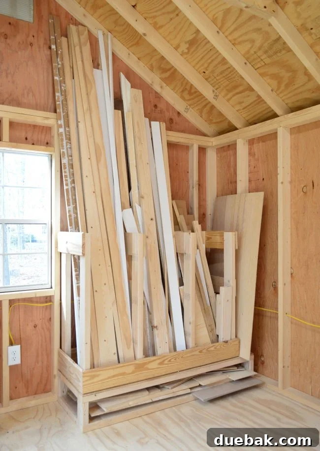 Finished scrap wood storage organizer in shed, showcasing organized wood pieces