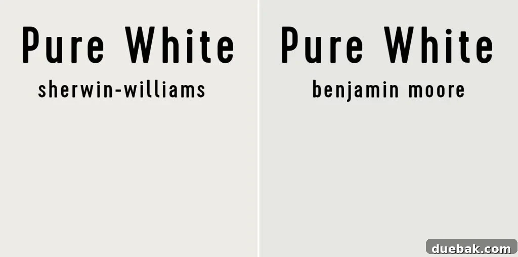 Sherwin Williams Pure White SW 7005 The Ultimate Whole House White 13 Side-by-side comparison of Sherwin-Williams Pure White and Benjamin Moore Pure White.