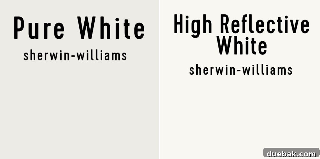 Sherwin Williams Pure White SW 7005 The Ultimate Whole House White 15 Side-by-side comparison of Sherwin-Williams Pure White and High Reflective White.
