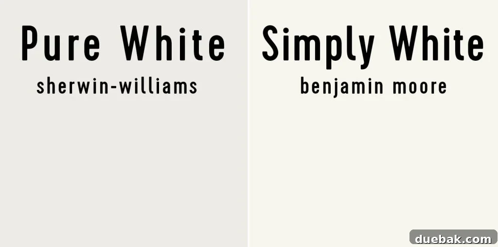 Sherwin Williams Pure White SW 7005 The Ultimate Whole House White 17 Side-by-side comparison of Sherwin-Williams Pure White and Benjamin Moore Simply White.