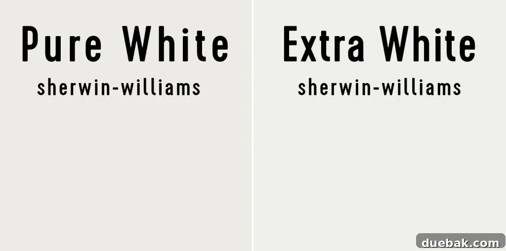Sherwin Williams Pure White SW 7005 The Ultimate Whole House White 20 Side-by-side comparison of Sherwin-Williams Pure White and Benjamin Moore Extra White.