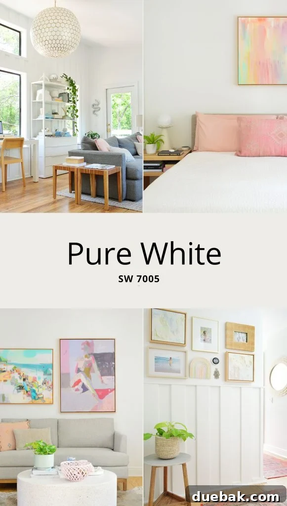 Sherwin Williams Pure White SW 7005 The Ultimate Whole House White 22 Four rooms showcasing Sherwin-Williams Pure White on walls and trim, demonstrating cohesive interior design.